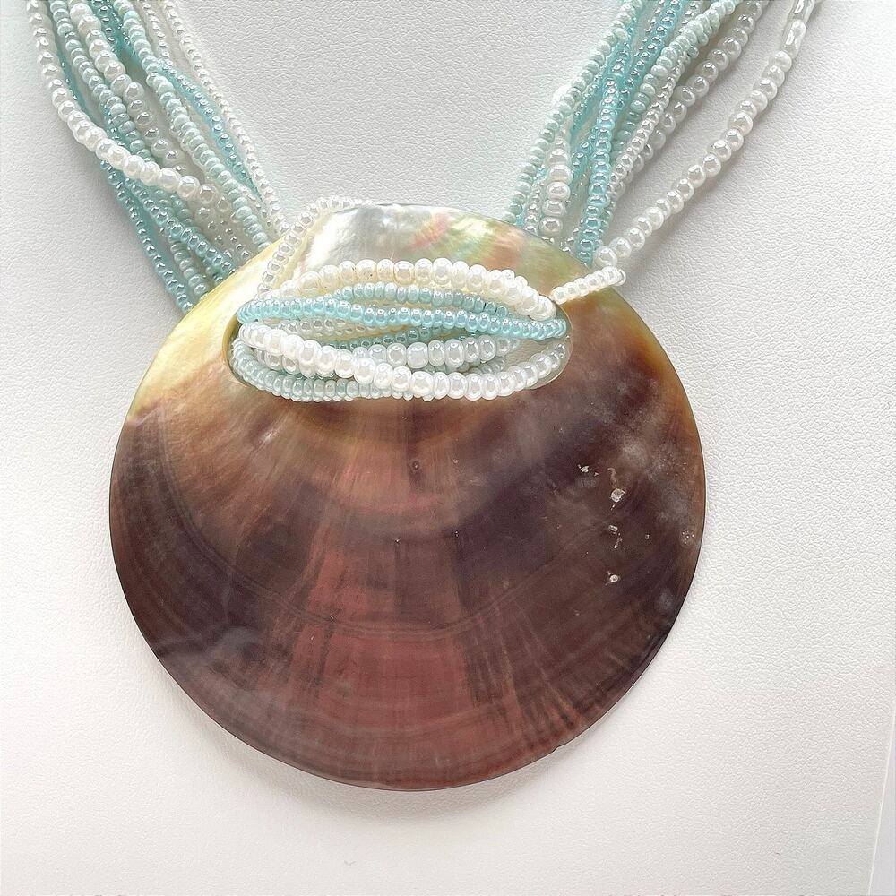 Vintage 90s Mother Of Pearl Shell Pendent Multi-Stand Seed Beaded Neckline Y2K